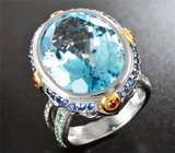 Серебряное кольцо с голубым топазом, рубинами, синими сапфирами и цаворитами Серебро 925