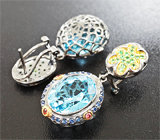 Серебряные серьги с голубыми топазами, рубинами, синими и цветными сапфирами и цаворитами Серебро 925