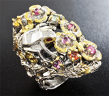 Серебряное кольцо с рододитами и разноцветными сапфирами Серебро 925