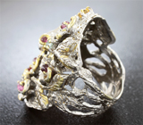 Серебряное кольцо с рододитами и разноцветными сапфирами Серебро 925