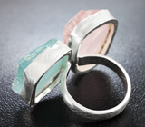 Серебряное кольцо с необработанными аквамарином и розовым кварцем Серебро 925