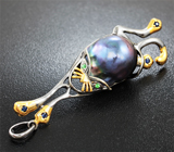 Серебряный кулон с цветной жемчужиной, синими сапфирами и цаворитами Серебро 925