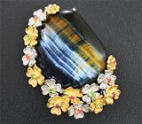 Серебряная брошь/кулон с тигровым глазом, сапфирами, цаворитами и родолитами Серебро 925