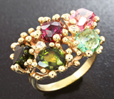 Золотое кольцо с разноцветными турмалинами фантазийной огранки 4,8 карат и лейкосапфирами Золото