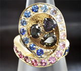 Золотое кольцо с гранатами со сменой цвета 2,54 карат и разноцветными сапфирами Золото