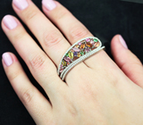 Оригинальное серебряное кольцо на два пальца с разноцветными турмалинами, цаворитами и аметистом Серебро 925