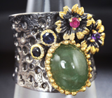 Серебряное кольцо с нефритом, аметистом, розовым и синими сапфирами Серебро 925