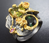 Серебряное кольцо с зелеными турмалинами, цитринами и рубином Серебро 925