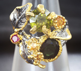 Серебряное кольцо с зелеными турмалинами, цитринами и рубином Серебро 925