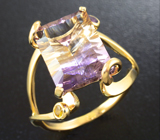 Золотое кольцо с аметрином лазерной огранки 7,3 карат, аметистом и желтым сапфиром Золото
