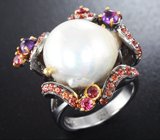 Серебряное кольцо c жемчужиной, аметистами и сапфирами Серебро 925