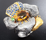 Серебряное кольцо с цитрином, цаворитом гранатом и синими сапфирами Серебро 925