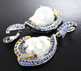 Серебряные серьги с жемчугом барокко и синими сапфирами Серебро 925