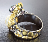Серебряное кольцо с лунным камнем, цветной жемчужиной, перидотом и аметистами Серебро 925