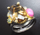 Серебряное кольцо с дымчатым кварцем, розовым сапфиром, зеленым сапфиром и топазом Серебро 925