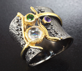 Серебряное кольцо с лунным камнем, диопсидом и аметистом Серебро 925