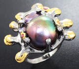 Серебряное кольцо с цветной жемчужиной барокко и сапфирами Серебро 925