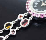 Часы с родолитами на серебряном браслете с разноцветными турмалинами и гранатами Серебро 925