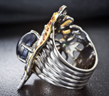 Серебряное кольцо cо звездчатым и ограненными сапфирами, цаворитами Серебро 925