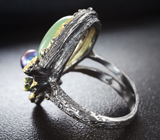 Серебряное кольцо с пренитом, цветной жемчужиной, рубином и перидотом Серебро 925