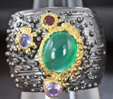 Серебряное кольцо с зеленым агатом, аметистом, танзанитом и гранатом Серебро 925