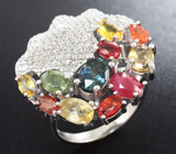 Эффектное серебряное кольцо с рубином и разноцветными сапфирами Серебро 925