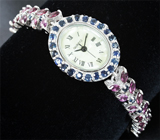 Часы на серебряном браслете с родолитами и синими сапфирами Серебро 925