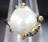 Серебряное кольцо с жемчужиной и синми сапфирами Серебро 925