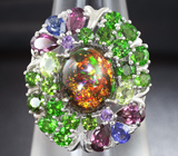 Великолепное серебряное кольцо с кристаллическим черным опалом и самоцветами Серебро 925