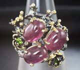 Серебряное кольцо с пурпурными сапфирами и диопсидами Серебро 925