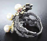Серебряное кольцо с жемчугом и мозамбикскими гранатами и желтым сапфиром Серебро 925