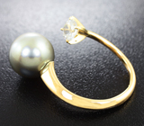 Золотое кольцо с морской цветной жемчужиной и цирконом! Стальной люстр Золото