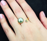 Золотое кольцо с морской цветной жемчужиной и цирконом! Стальной люстр Золото