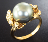Золотое кольцо с крупной морской жемчужиной и бриллиантами! Стальной люстр Золото