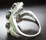 Серебряное кольцо с кристаллическими черными опалами и цаворитами Серебро 925