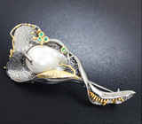 Серебряная брошь/кулон с жемчужиной барокко и изумрудами Серебро 925