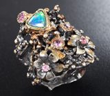 Серебряное кольцо с кристаллическим опалом, розовыми сапфирами и изумрудом Серебро 925