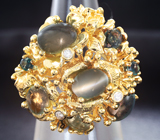 Золотое кольцо с александритами 5,11 карат, хризобериллами и бриллиантами Золото