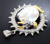 Серебряный кулон «Дракон» с жемчужиной барокко и сапфирами Серебро 925