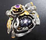 Серебряное кольцо со звездчатым сапфиром, аметистом и цаворитами Серебро 925