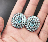 Шикарные крупные серебряные серьги с голубыми топазами Серебро 925