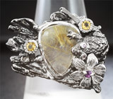 Серебряное кольцо с рутиловым кварцем, желтыми сапфирами и аметистами Серебро 925