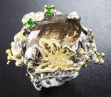 Серебряное кольцо с дымчатым кварцем и цаворитами Серебро 925