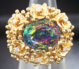 Золотое кольцо с крупным ограненным черным опалом топовой опалесценции 4,72 карат и бриллиантами высоких характеристик Золото