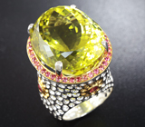 Серебряное кольцо с лимонным цитрином 47 карат и сапфирами Серебро 925