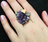 Серебряное кольцо с друзой аметиста, изумрудом и лабрадоритом Серебро 925