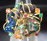 Золотое кольцо с кристаллическими черными опалами 8,89 карат, изумрудами, рубинами, оранжевыми сапфирами и бриллиантами Золото