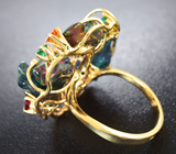 Золотое кольцо с кристаллическими черными опалами 8,89 карат, изумрудами, рубинами, оранжевыми сапфирами и бриллиантами Золото