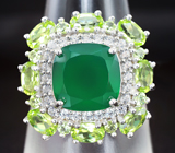 Серебряное кольцо с зеленым агатом и перидотами Серебро 925