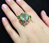 Серебряное кольцо с зеленым бериллом, диопсидами и синими сапфирами Серебро 925